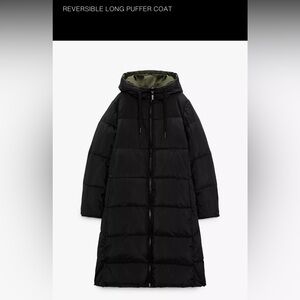 Zara Black and Olive Reversible Long Puffer Coat S